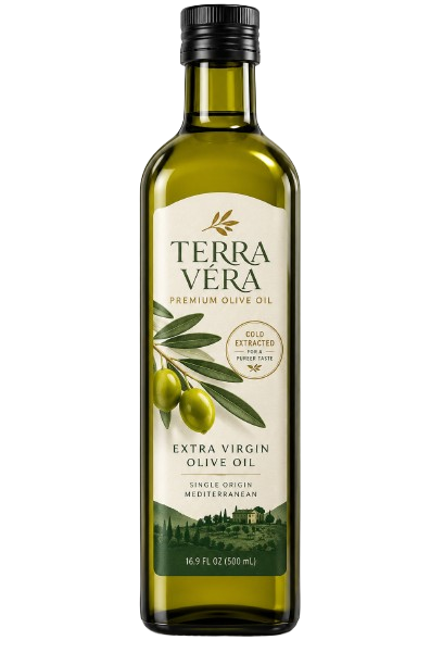 Terra Delyssa extra virgin olive oil bottle with green label and olive branch design