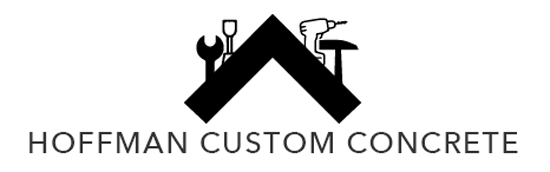 Logo for Hoffman Custom Concrete featuring a black roof icon containing various construction tool silhouettes.