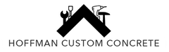 Logo for Hoffman Custom Concrete featuring a black roof icon containing various construction tool silhouettes.