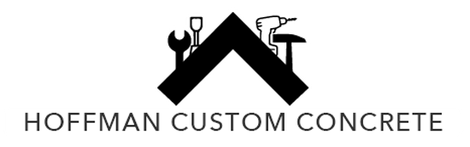 Logo for Hoffman Custom Concrete featuring a black roof icon containing various construction tool silhouettes.