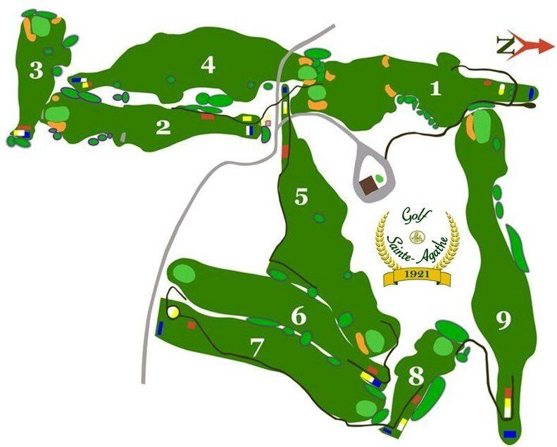 Golf course map showing 9 holes. Green fairways and greens, with sand traps and water hazards. 