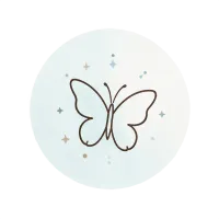 Papillon dessiné au trait avec des paillettes pastel sur un fond circulaire bleu pâle