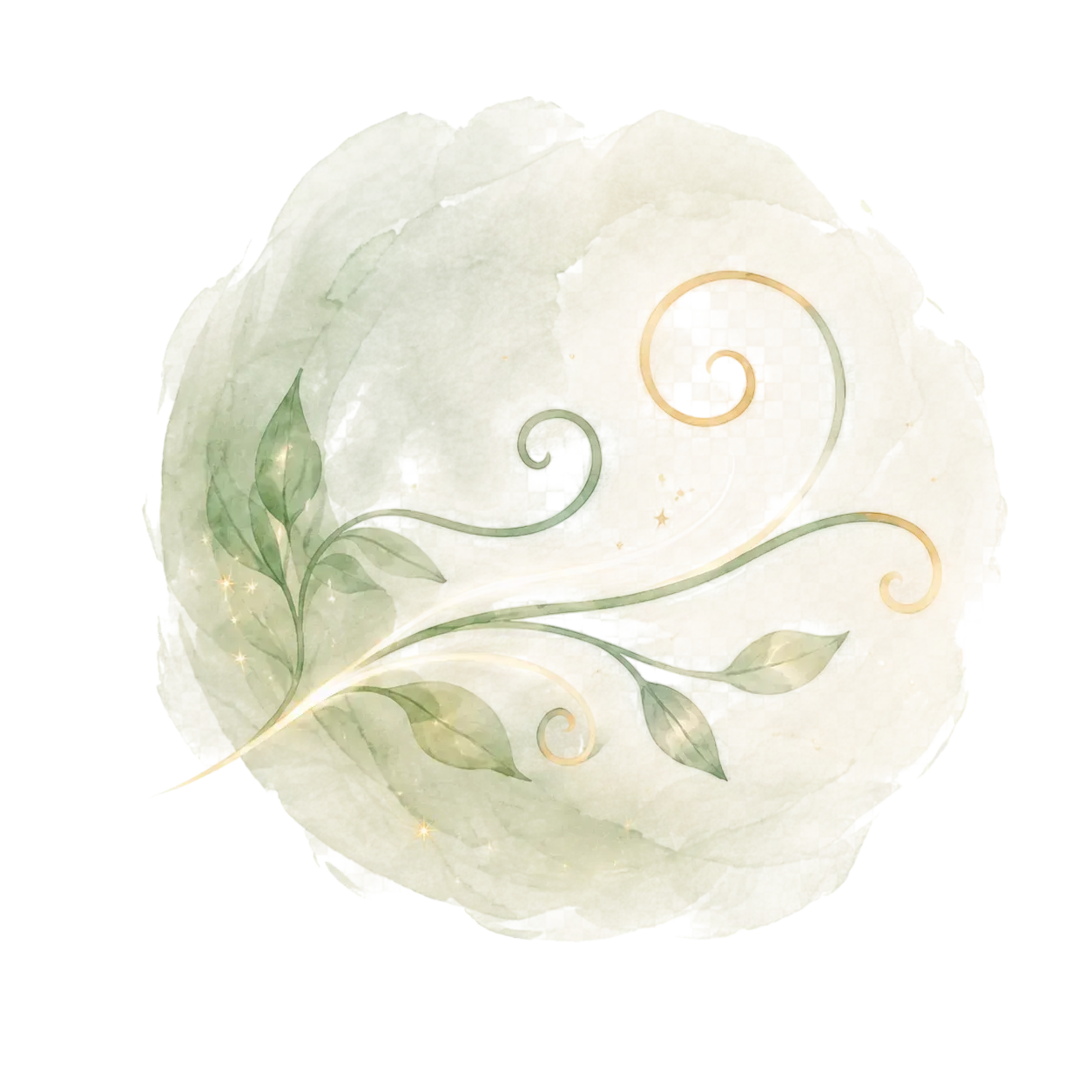 Doux tourbillon floral à l'aquarelle, dans les tons vert pâle et or, sur fond blanc