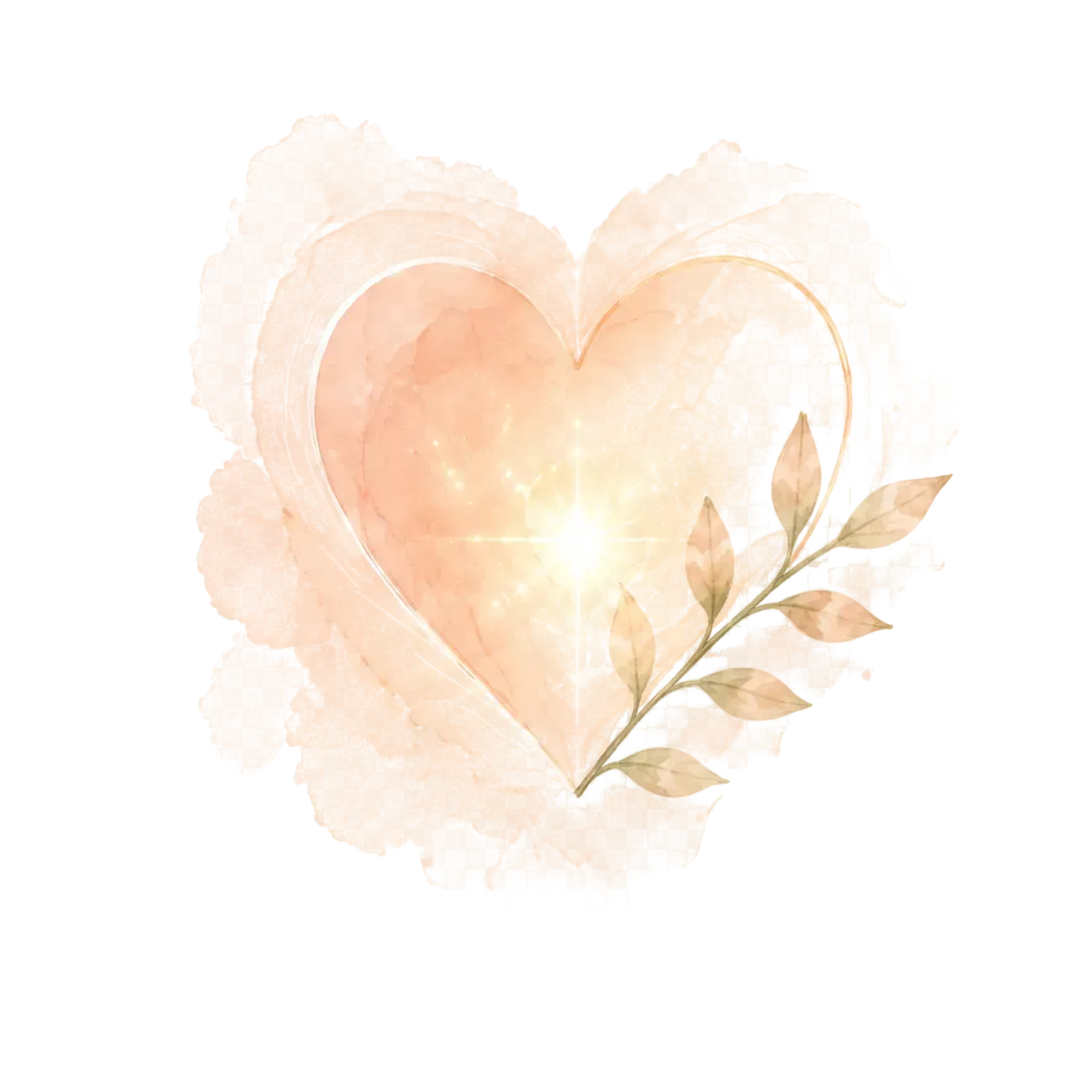 Cœur de pêche à l'aquarelle avec de douces feuilles florales sur fond blanc