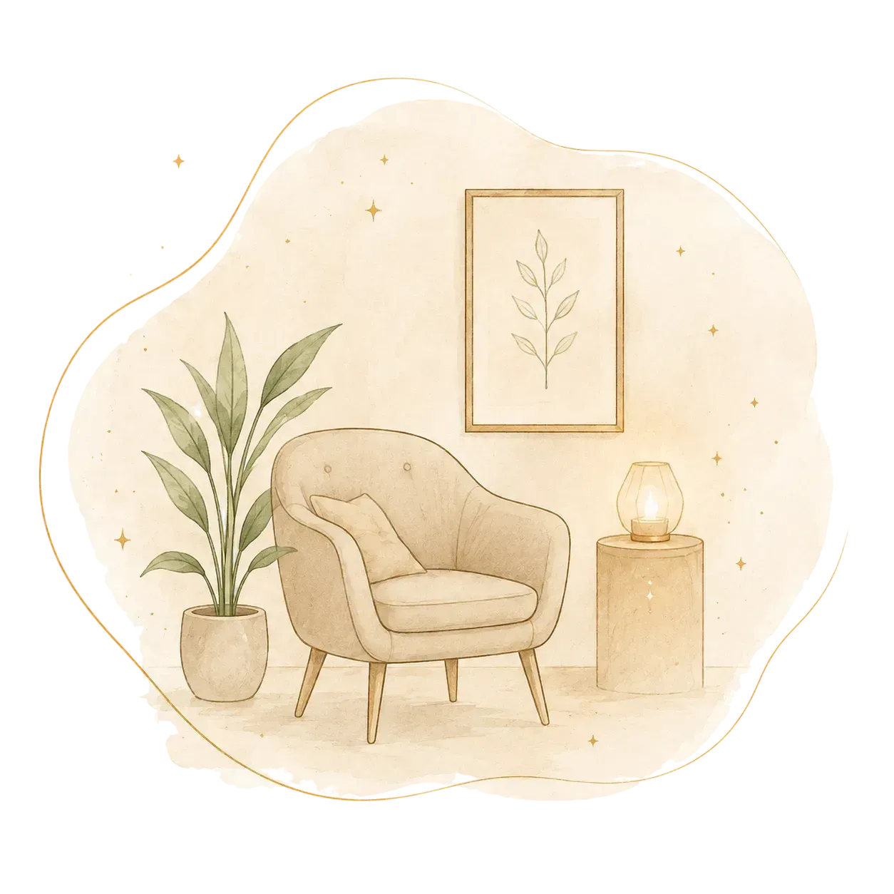 Coin lecture beige confortable avec fauteuil, plante en pot, tableau de feuilles encadré et lampe sur table sur pied