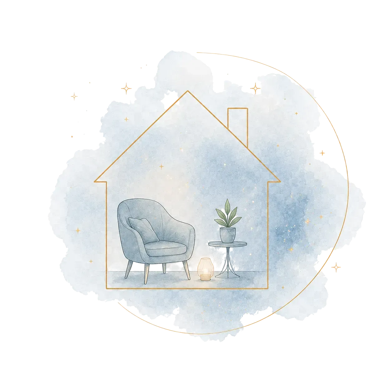Illustration aquarelle pour la décoration intérieure : fauteuil bleu, table d’appoint avec plante et lampe à l’intérieur d’une maison aux contours dorés.
