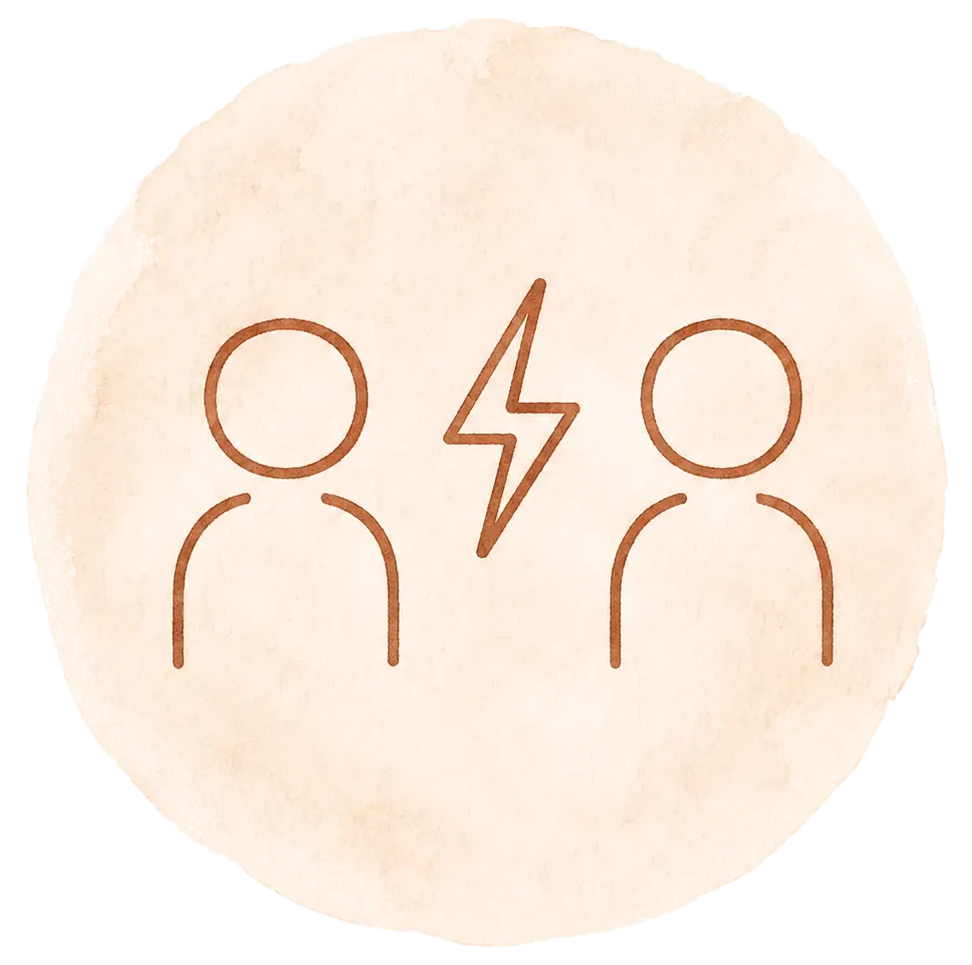 Deux silhouettes dessinées, séparées par un éclair, sur un fond circulaire beige