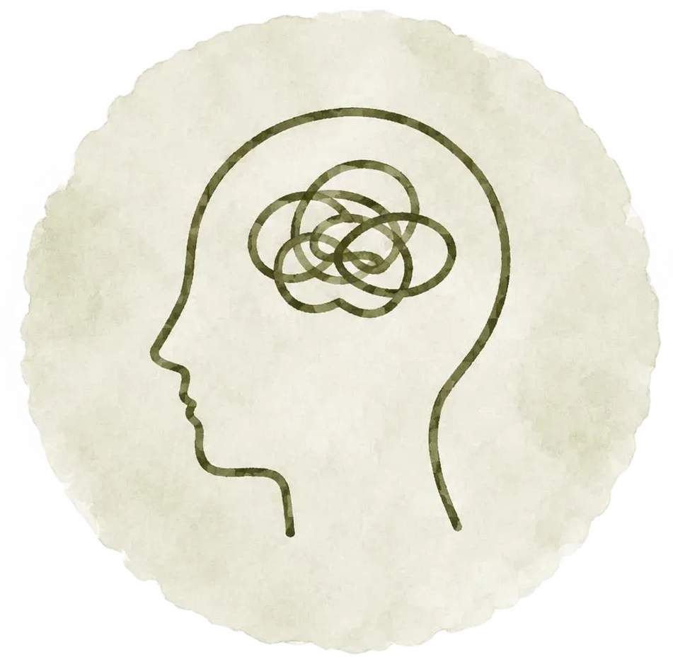 Profil d'une tête avec des gribouillis inextricables dans la zone du cerveau sur un fond pâle