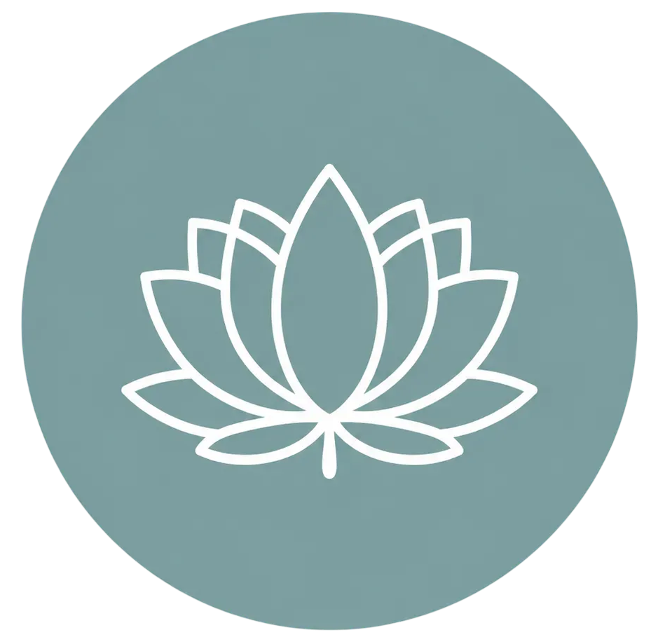 Icône de lotus blanc dans un cercle turquoise sur fond uni