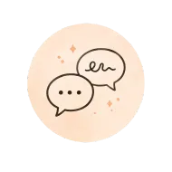 Deux bulles de dialogue sur un cercle pêche, l'une avec des points de suspension et l'autre disant « euh », avec de petites paillettes.