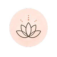Icône minimaliste de lotus avec un fond circulaire pêche et de petits points orange au-dessus.