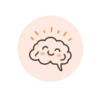 Icône mignonne de cerveau souriant avec des rayons orange sur un fond circulaire rose pâle