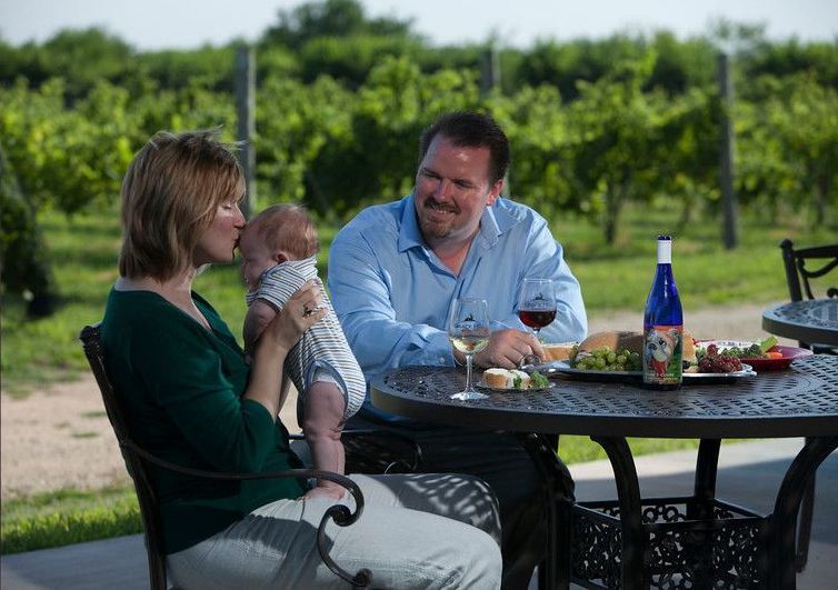 A family enjoys an outdoor meal and wine at a table set against a scenic vineyard backdrop.