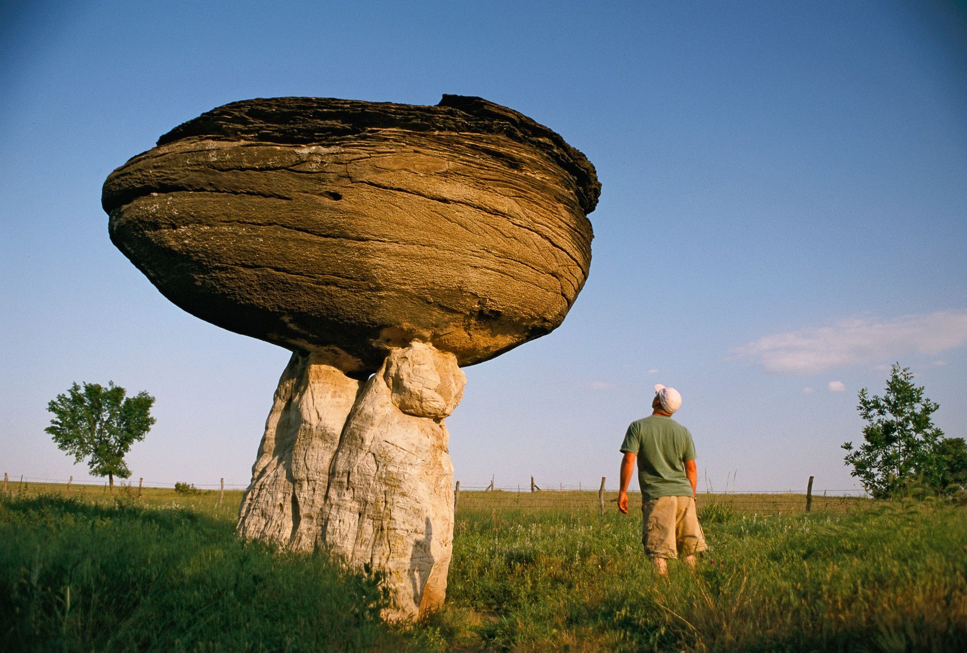 A person stands in a grassy field looking up at a large, mushroom-shaped rock formation against a blue sky.