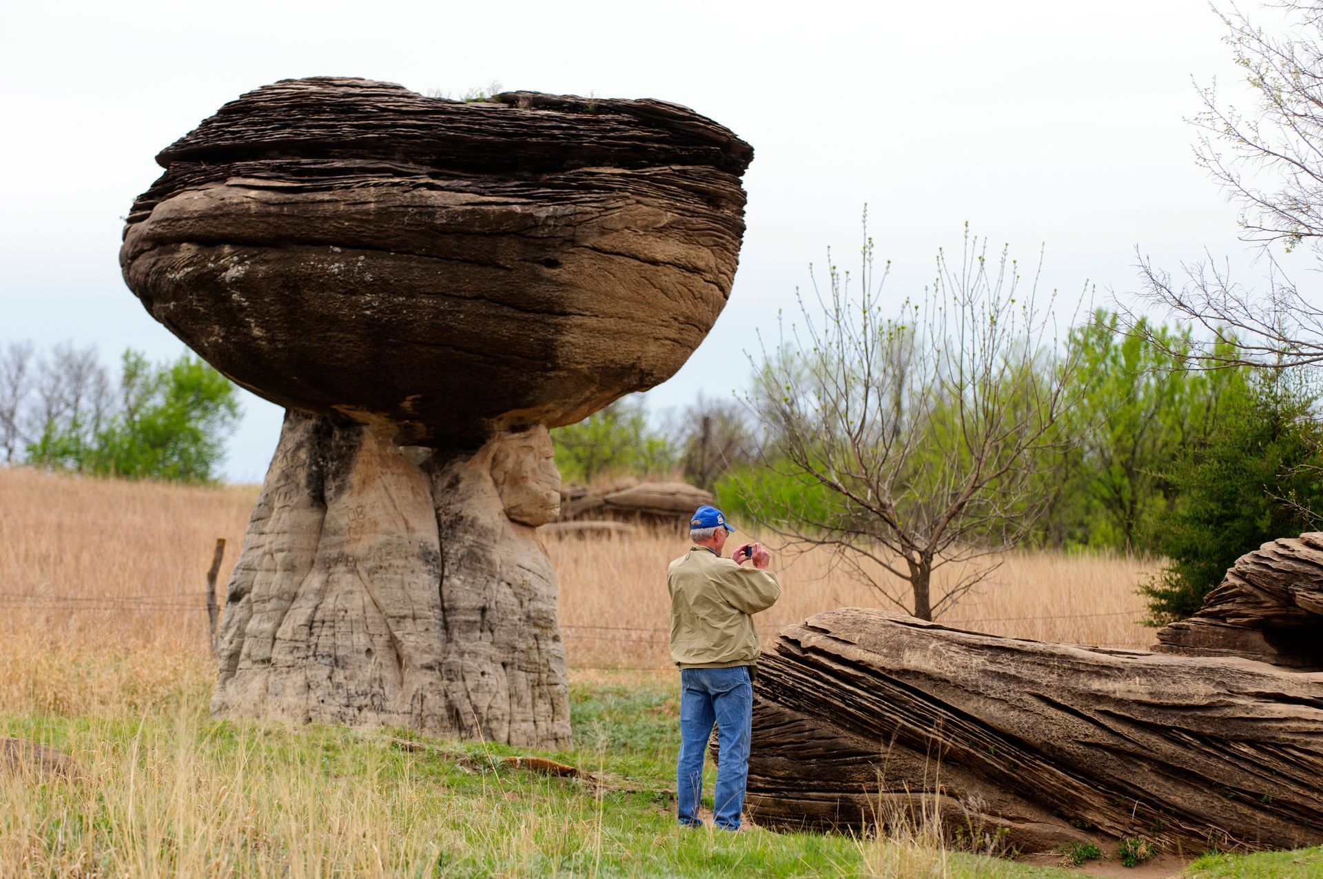 A person stands in a grassy field photographing a large, mushroom-shaped rock formation with dark, layered stone top.