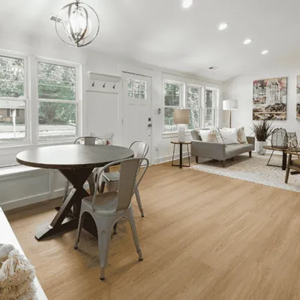 Bright open living-dining room with large windows, light wood floors, and modern white furniture
