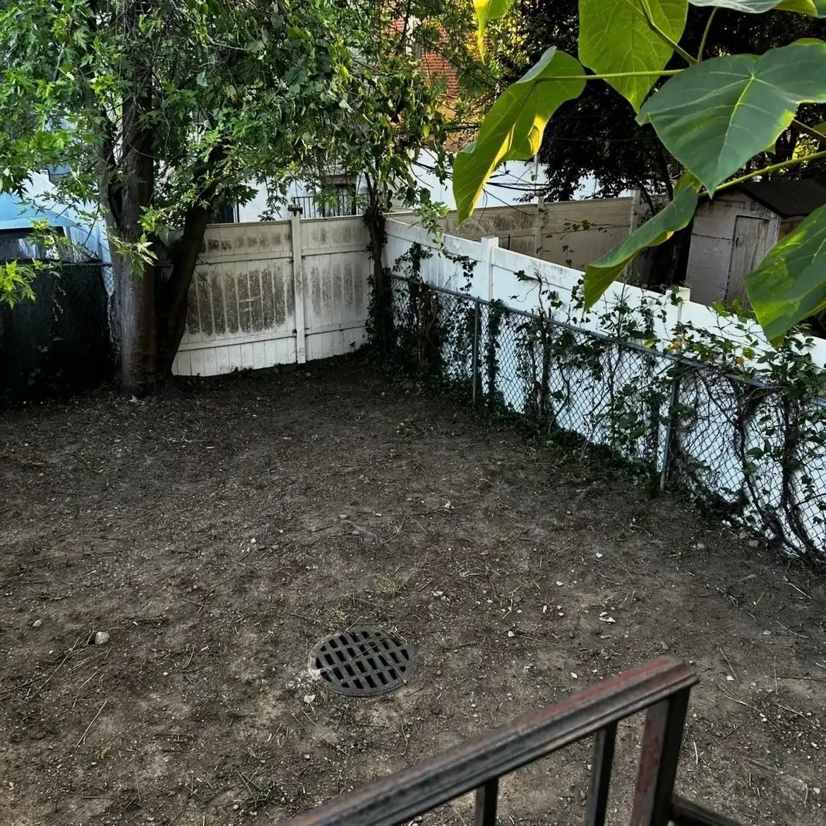 Small backyard patio with a white gate, vine-covered wall, tree shade, and a drain in the ground
