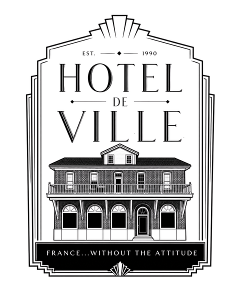 Black-and-white logo with a French town hall facade and the words “Hotel de Ville” and “France…without the attitude.”