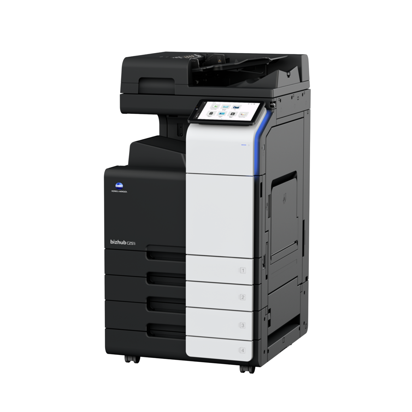 Multifunction printer with black and white panels, control panel, and paper trays.