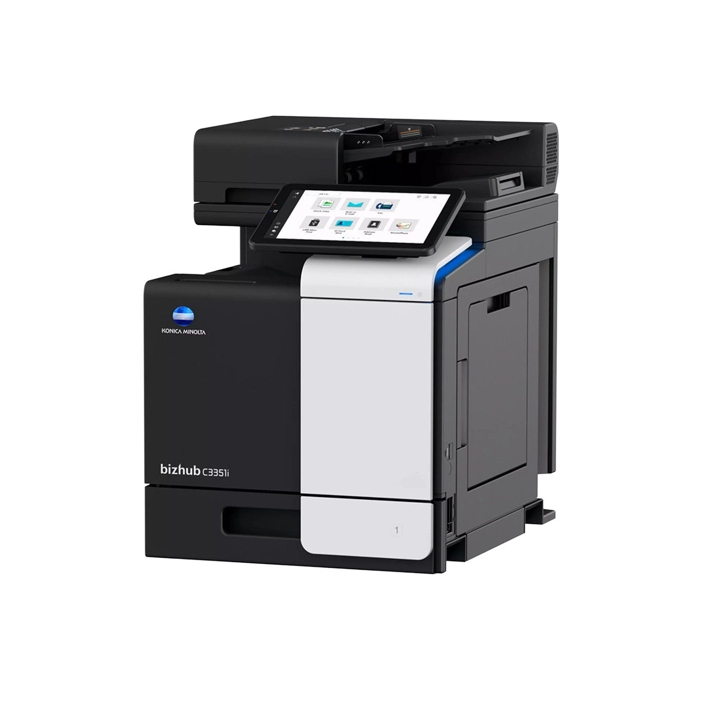 A black and white Konica Minolta multifunction printer with a touchscreen display.