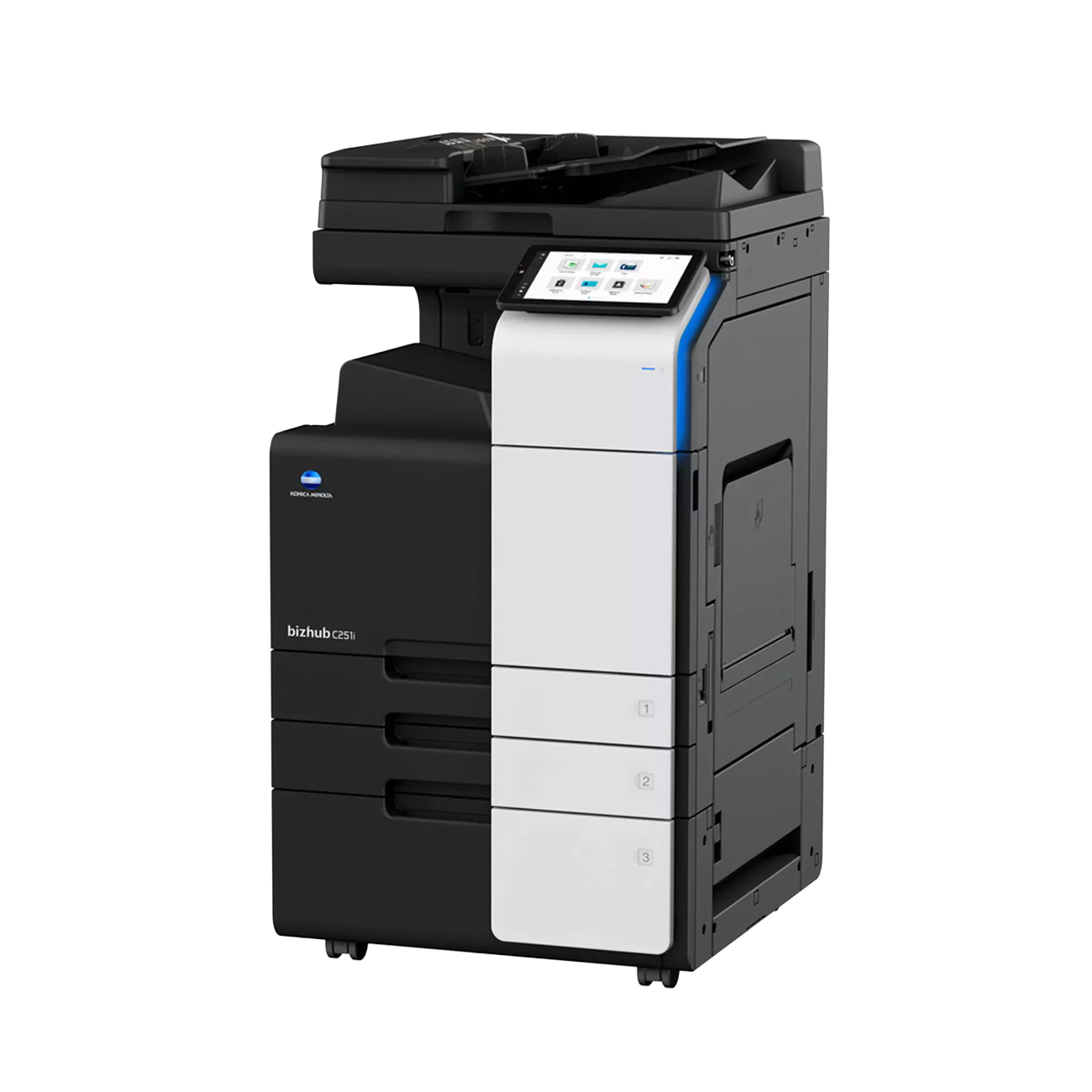 Multifunction printer, Konica Minolta brand. Black and white with a touch screen. Paper trays visible.