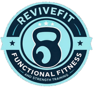 A circular logo for ReviveFit featuring a dark blue kettlebell, three stars, and text on a light blue background.