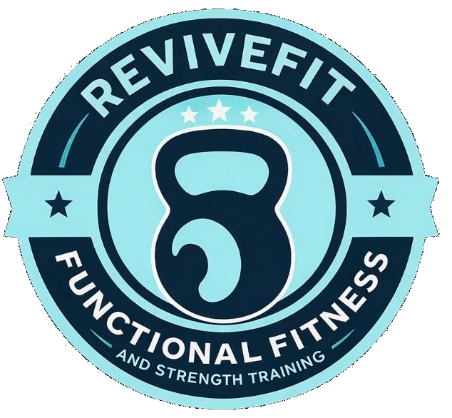 A circular logo for ReviveFit featuring a dark blue kettlebell, three stars, and text on a light blue background.
