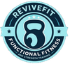 A circular logo for ReviveFit featuring a dark blue kettlebell, three stars, and text on a light blue background.