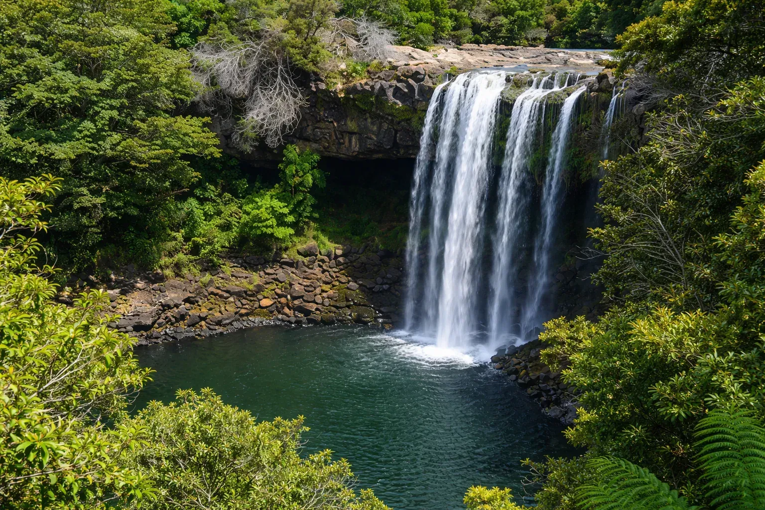 Waterfall spilling into a green pool, surrounded by lush forest and rocky cliffs.