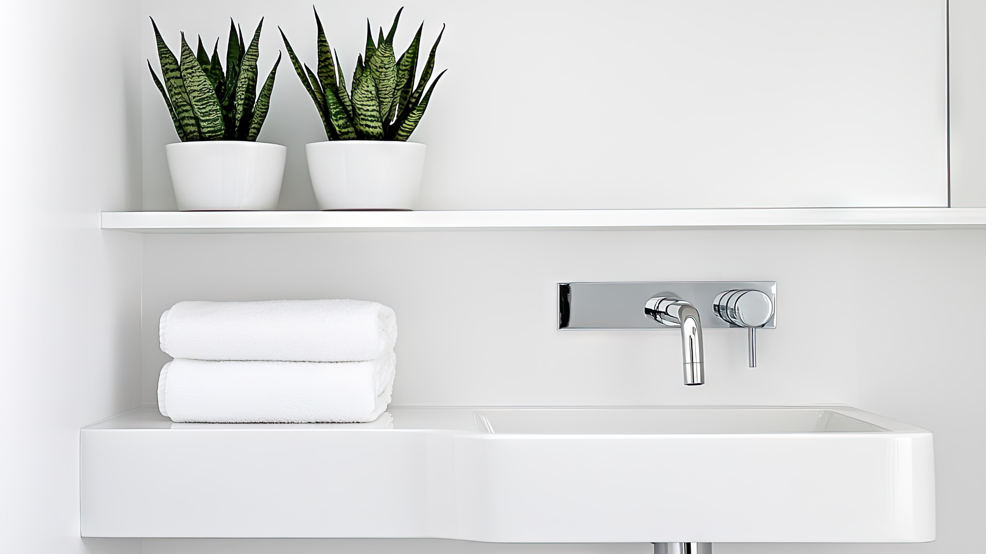 Modern white bathroom with a sink, towels, and potted plants on a shelf.