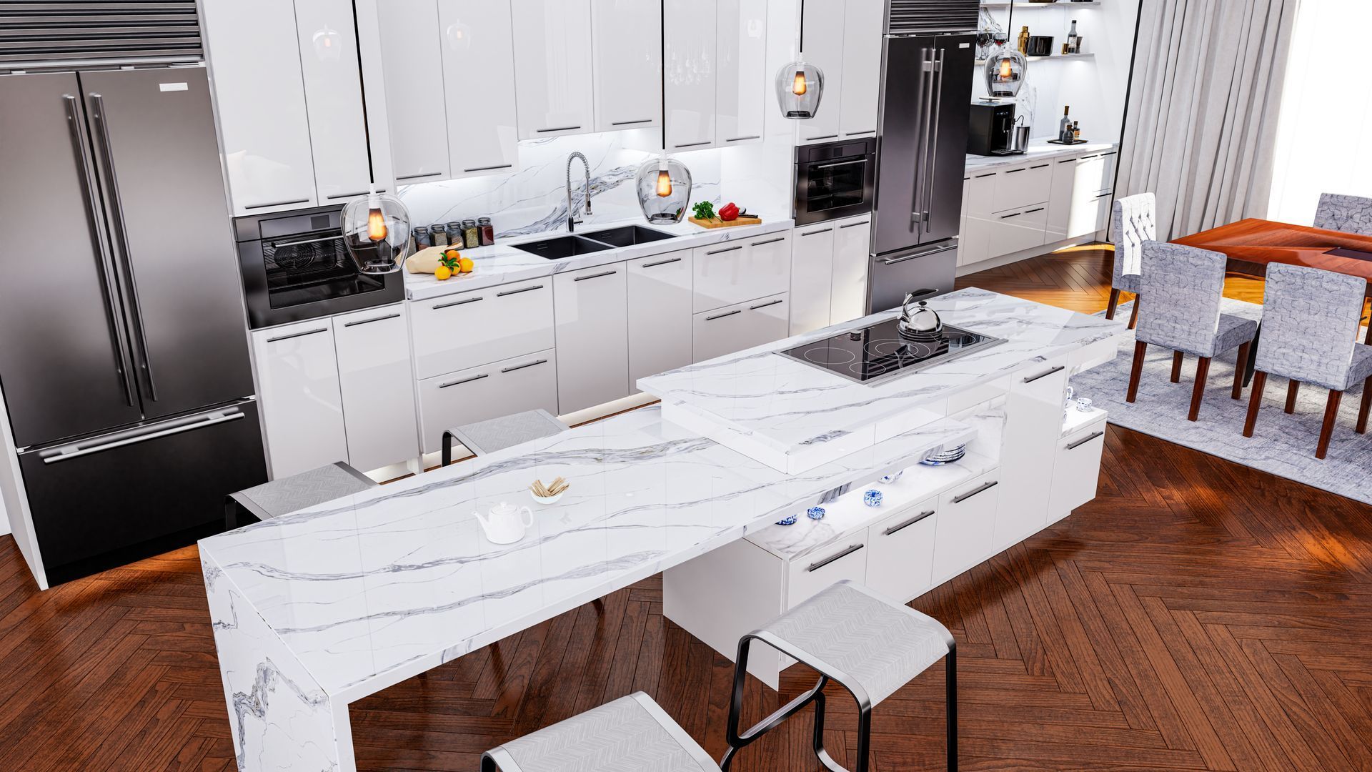 Modern white kitchen with a large island and bar seating.