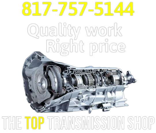 Advertisement for a transmission repair shop showing a car transmission, with phone number 817-757-5144 and company name.