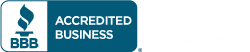 BBB Accredited Business logo: a dark blue square with a flame icon and text that reads 
