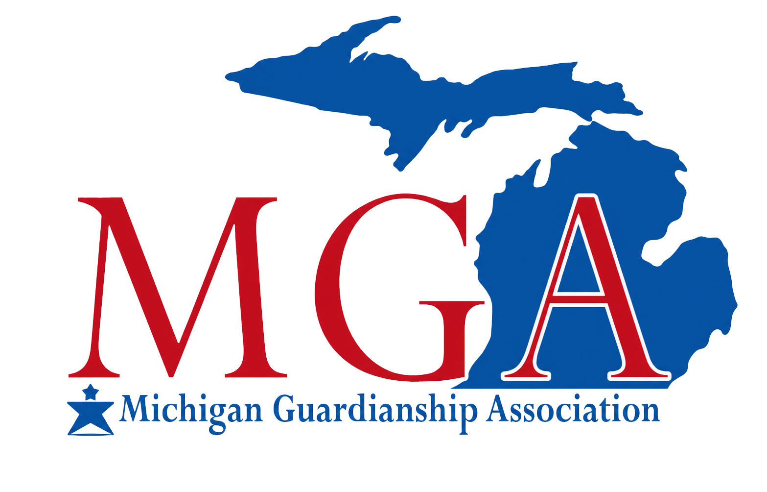 Michigan Guardianship Association logo with red MGA letters and blue Michigan silhouette above