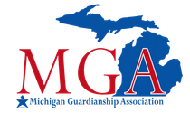 Michigan Guardianship Association logo with red MGA letters and blue Michigan silhouette above