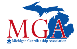 Michigan Guardianship Association logo with red MGA letters and blue Michigan silhouette above