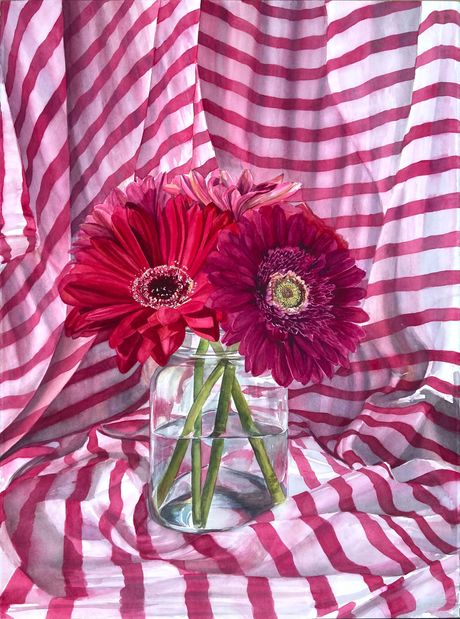 pink gibers with pink striped cloth behind