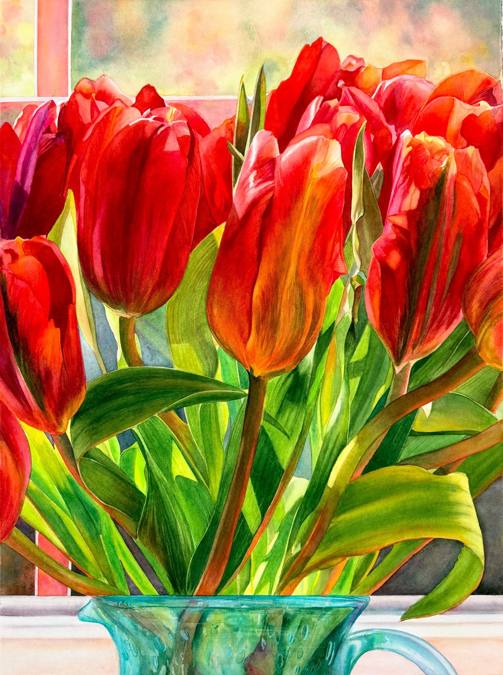 Backlit Large Red Tulips in glass jug