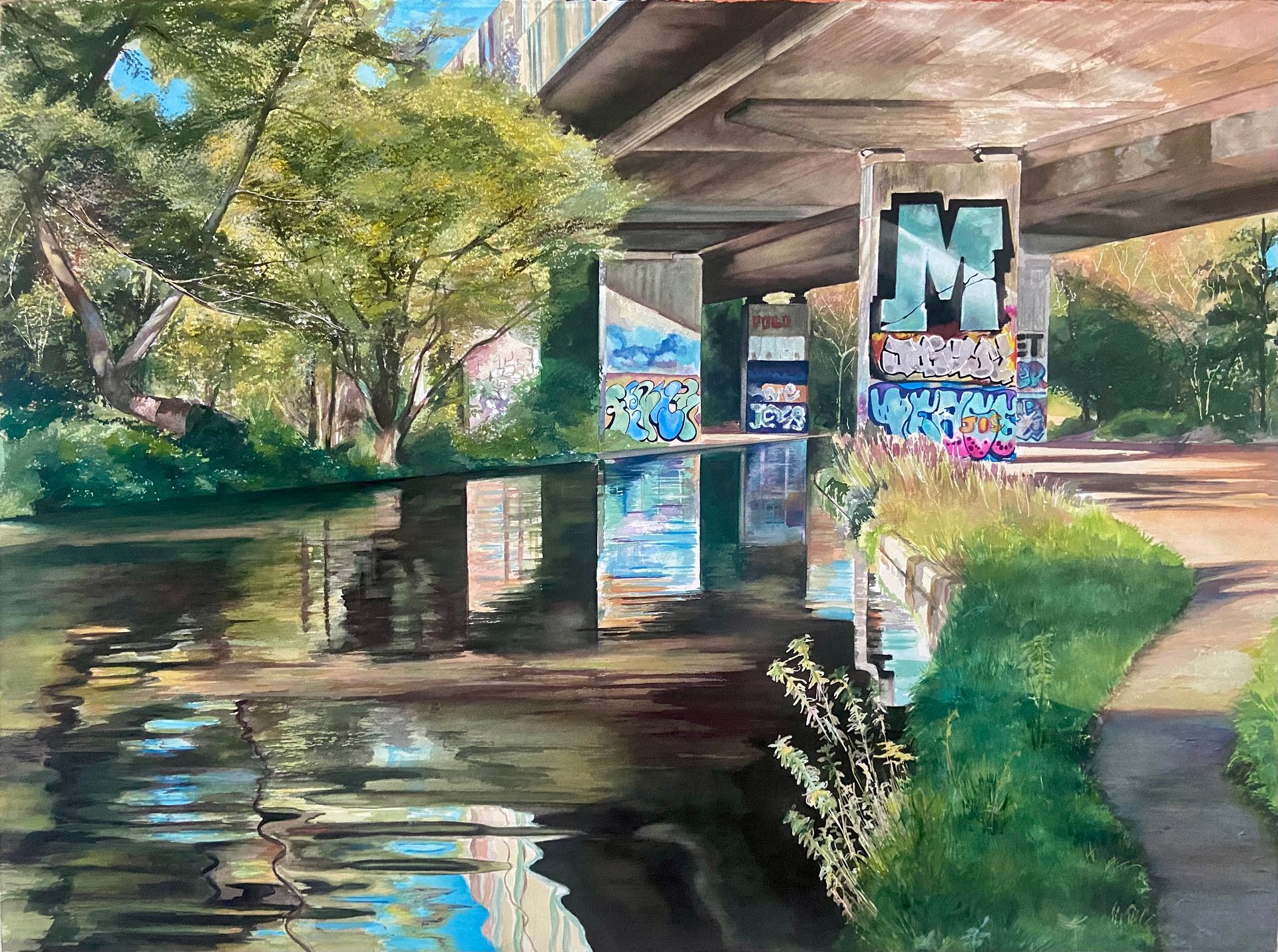 A painting of a bridge over a river with graffiti on the pillars.