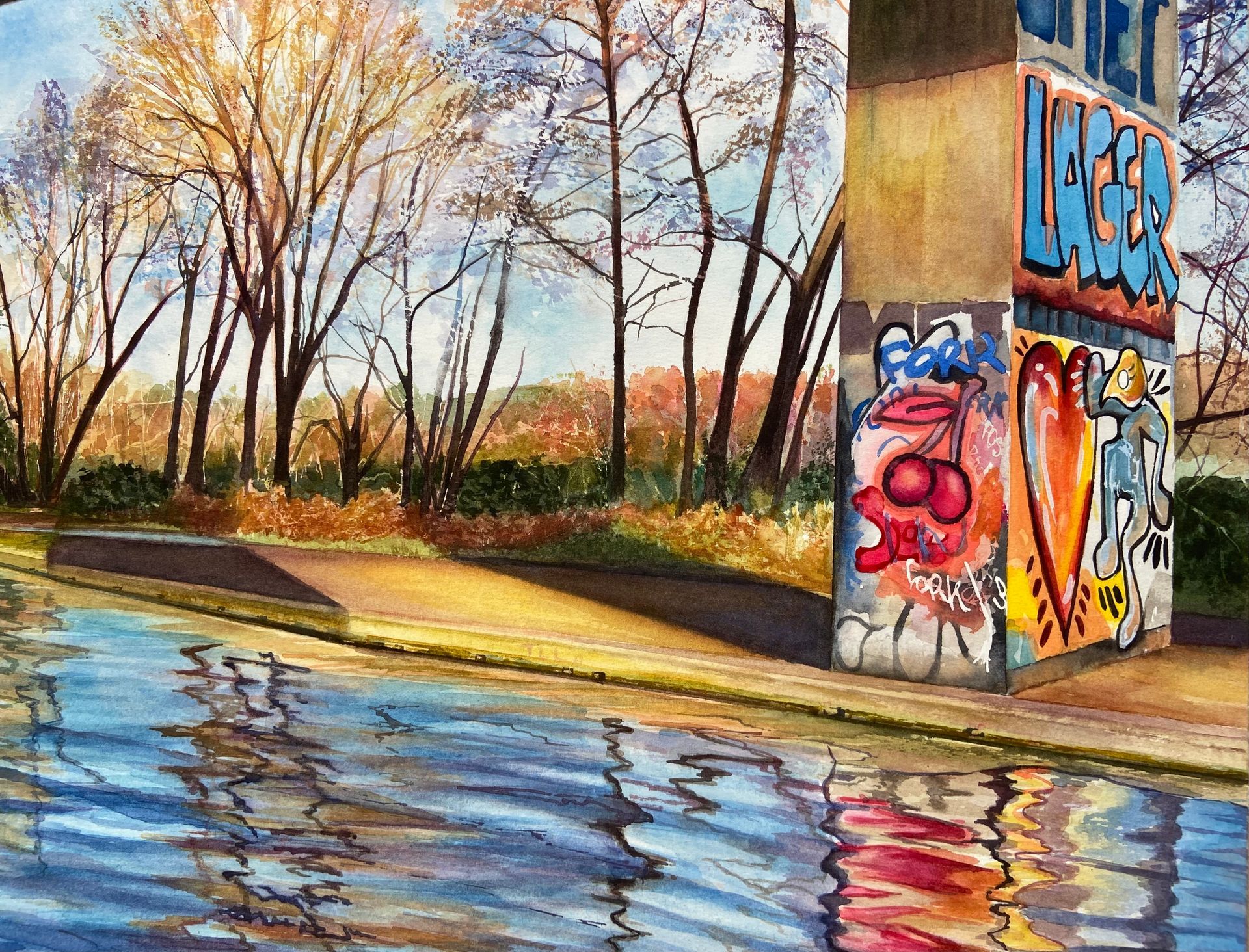 canal painting with vivid water reflections of graffiti below M25