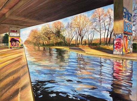 A painting of a bridge over a river with trees in the background