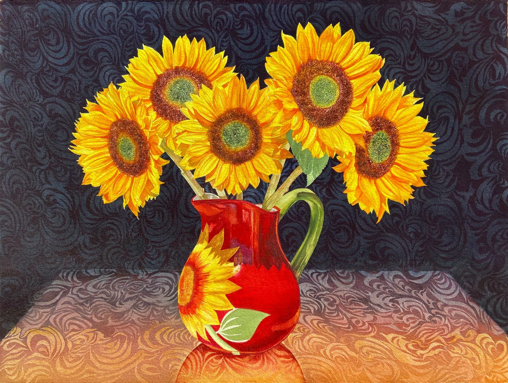 Sunflowers in a red pitcher on a patterned table against a dark, textured background.