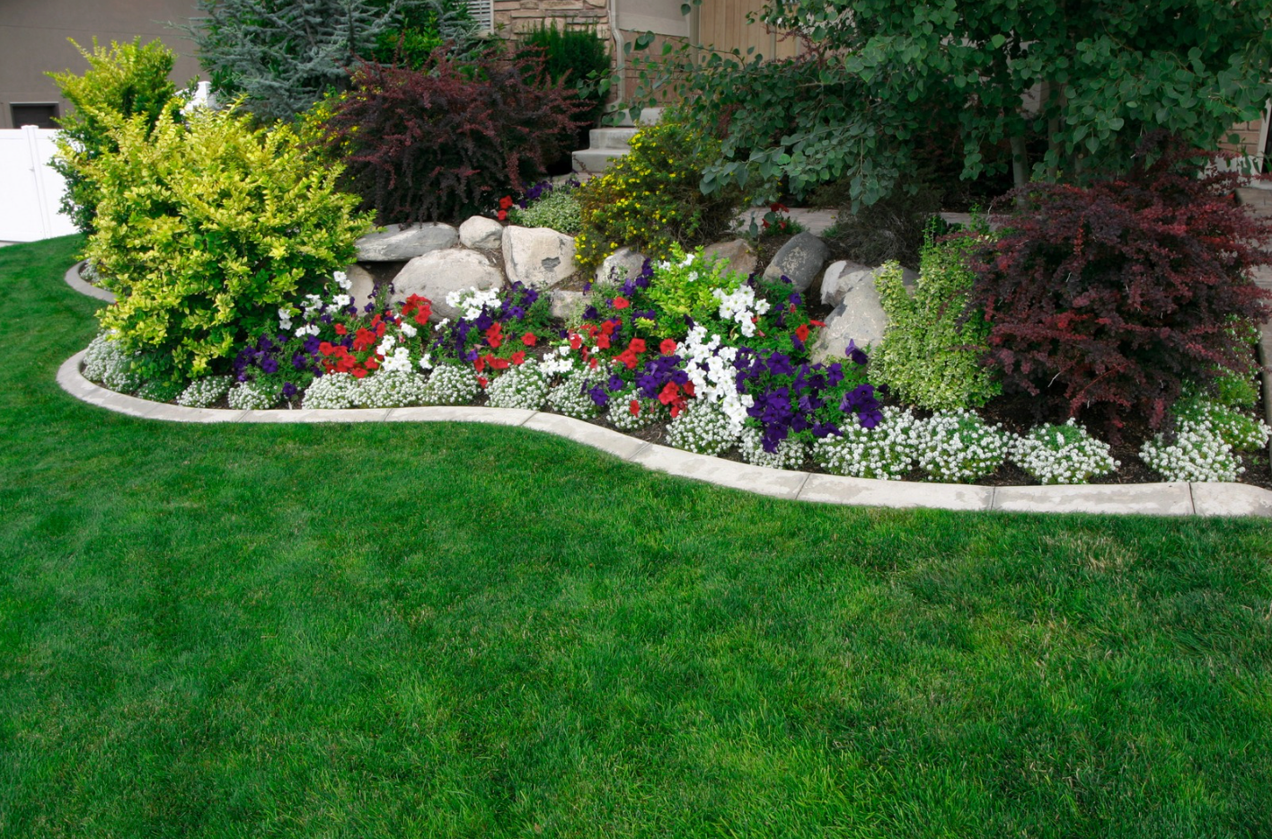 Curved flower bed with colorful blooms and rocks beside a green lawn and shrubs
