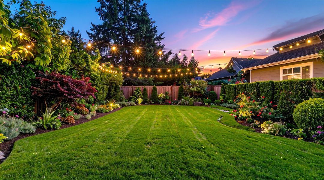 Lush green backyard with string lights, flowering shrubs, and a sunset sky over a house and patio