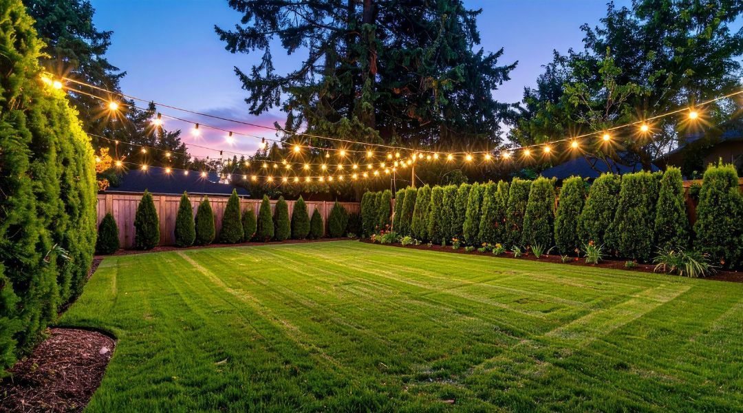 Backyard lawn at dusk with string lights, tall hedges, and trees under a pink-blue sky