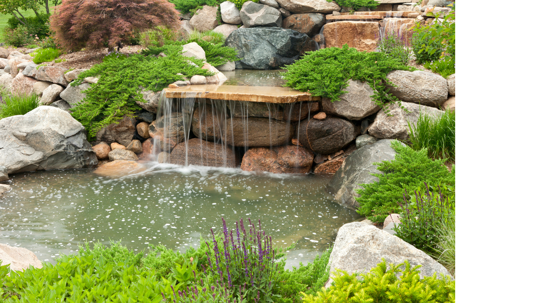 Small garden pond with a stone waterfall and lush green plants surrounding it