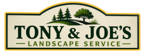 Tony & Joe’s Landscape Service logo with trees in green and gold