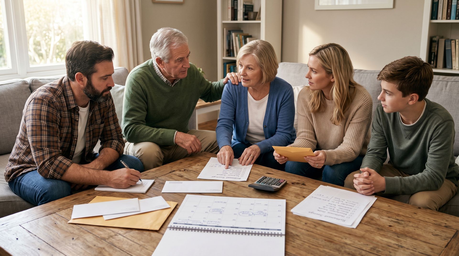 Five people review papers around a table in a bright room, discussing a plan.
