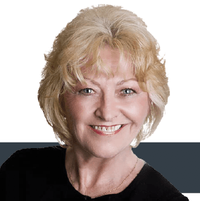 A woman with blonde hair is smiling and wearing a black shirt