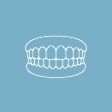 Outline of two rows of teeth, top and bottom, in white against a blue background.